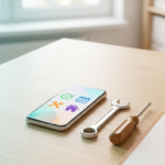 A smartphone showing an abstract franchise checklist with home repair icons on a desk, next to a wrench, screwdriver, clipboard, and coins, representing a handyman franchise review (2026)
