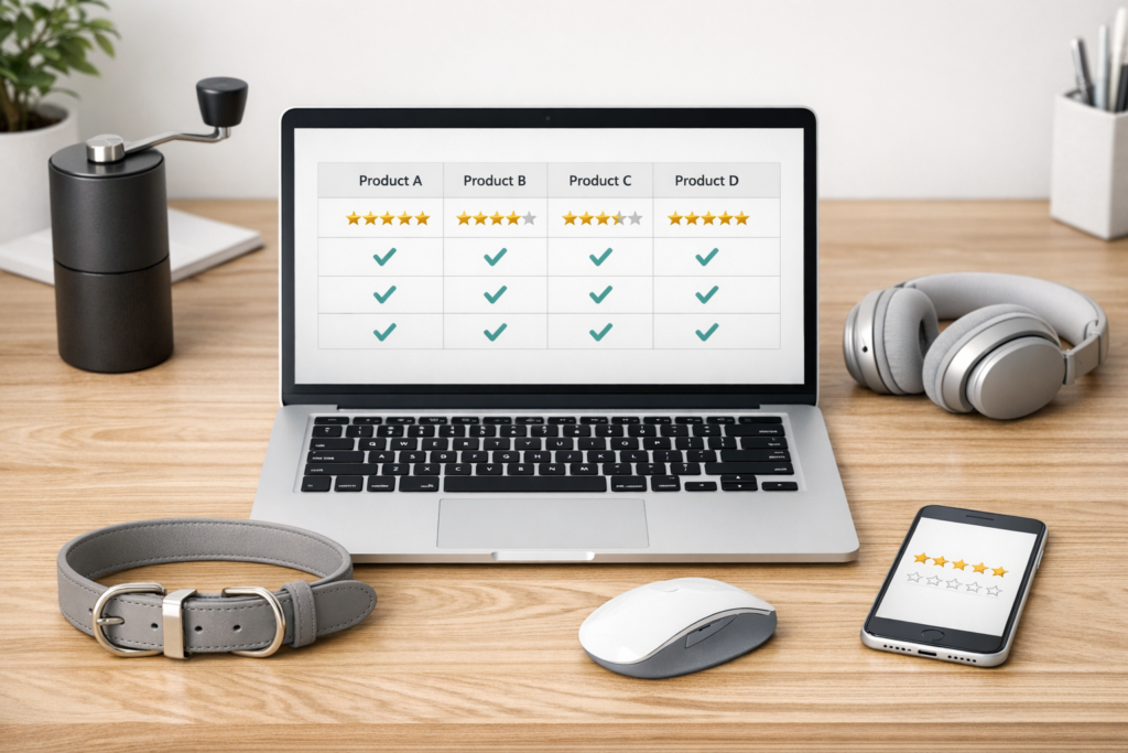 Laptop showing product comparison table surrounded by niche products like a coffee grinder, headphones, and pet collar on a modern desk.