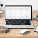 Laptop showing product comparison table surrounded by niche products like a coffee grinder, headphones, and pet collar on a modern desk.