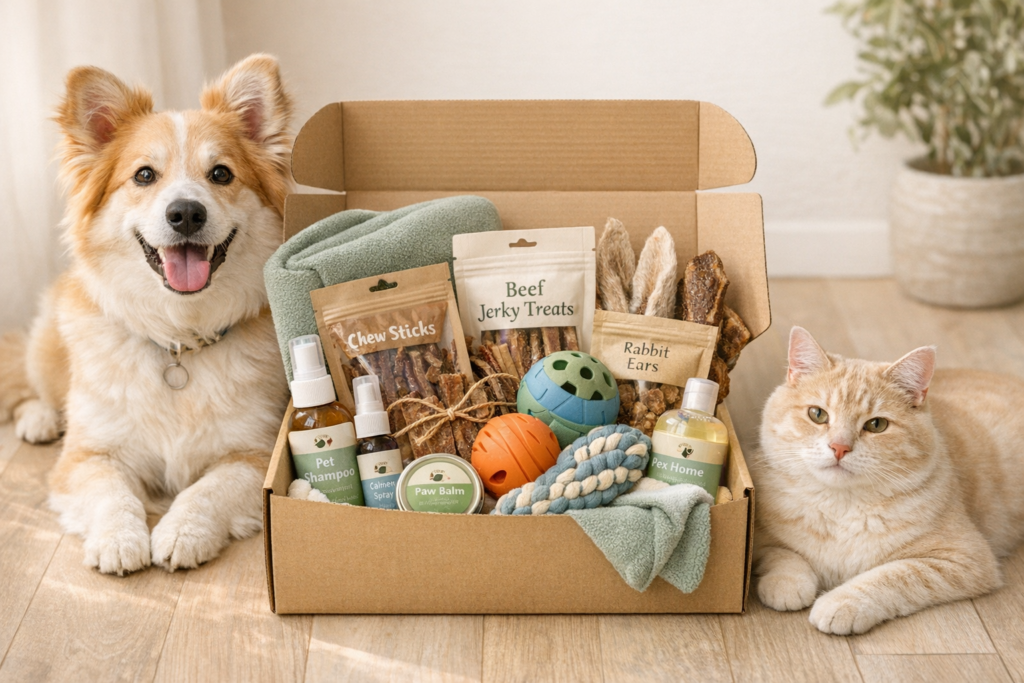 Open pet subscription box with natural treats, toys, grooming products, blanket, dog, and cat in a cozy home setting.