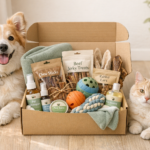Open pet subscription box with natural treats, toys, grooming products, blanket, dog, and cat in a cozy home setting.