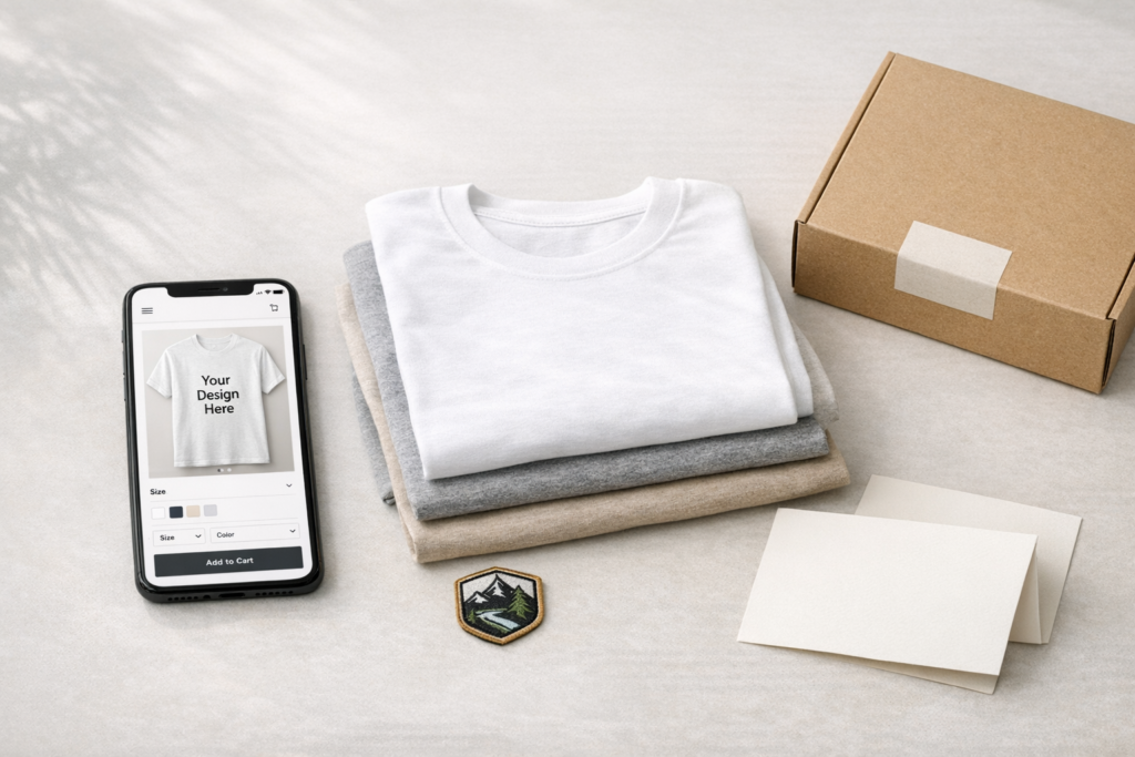 Smartphone showing a print-on-demand t-shirt product page next to folded premium blank t-shirts and shipping packaging.