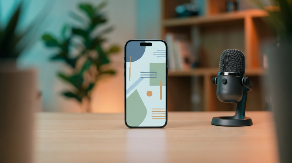 Centered smartphone with creator setup and microphone on a desk in a modern home office (2026)
