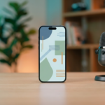 Centered smartphone with creator setup and microphone on a desk in a modern home office (2026)