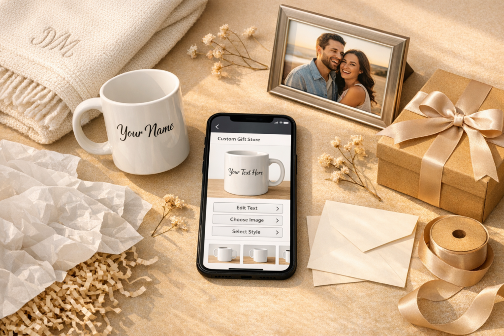 Smartphone showing a custom gift product editor beside a personalized mug, photo frame, monogram blanket, greeting card, ribbon, and gift packaging.