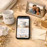 Smartphone showing a custom gift product editor beside a personalized mug, photo frame, monogram blanket, greeting card, ribbon, and gift packaging.