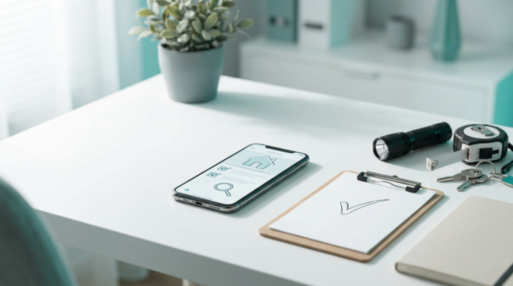 A smartphone showing an abstract home inspection checklist dashboard on a desk, next to a clipboard, flashlight, measuring tape, and house keys, representing a home inspection franchise review (2026)