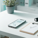 A smartphone showing an abstract home inspection checklist dashboard on a desk, next to a clipboard, flashlight, measuring tape, and house keys, representing a home inspection franchise review (2026)
