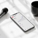 A horizontal photo of a smartphone on a white marble desk showing Pinterest analytics with upward growth, next to a black coffee mug and a wireless microphone.