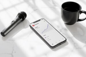 A horizontal photo of a smartphone on a white marble desk showing Pinterest analytics with upward growth, next to a black coffee mug and a wireless microphone.