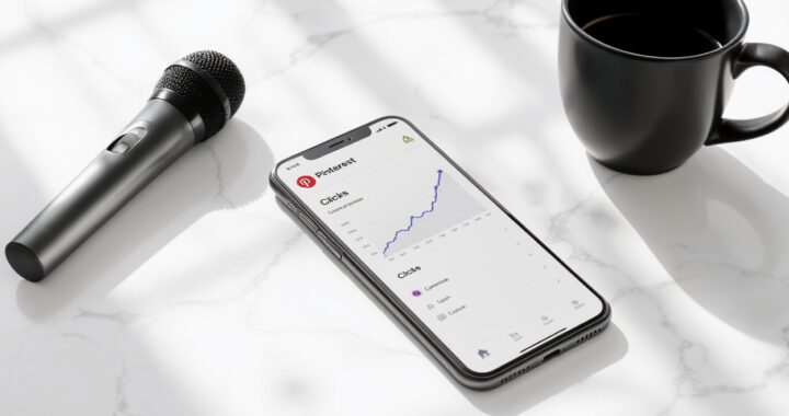 A horizontal photo of a smartphone on a white marble desk showing Pinterest analytics with upward growth, next to a black coffee mug and a wireless microphone.