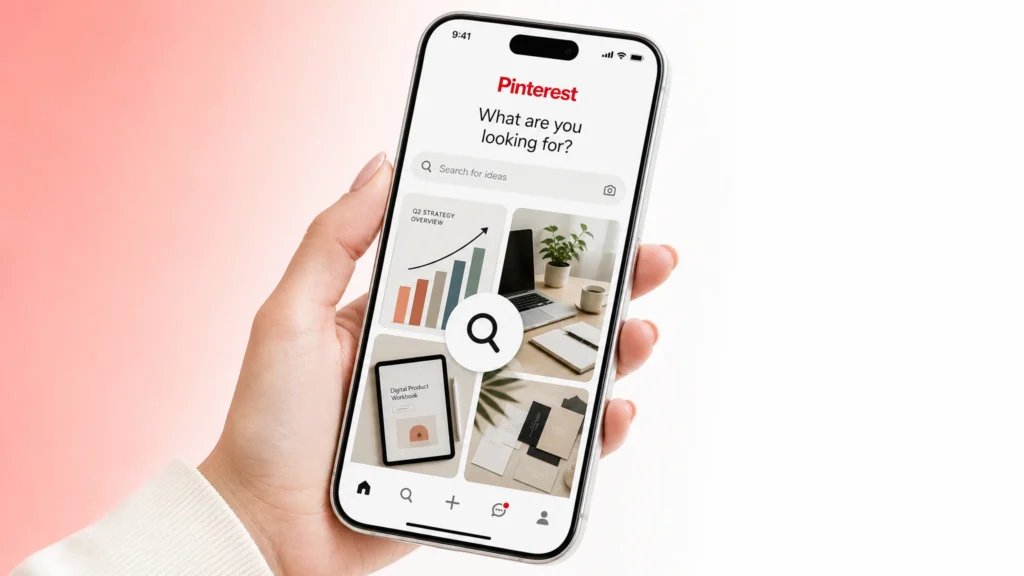 A smartphone showing the Pinterest search interface with a magnifying glass over business pins, illustrating market research.