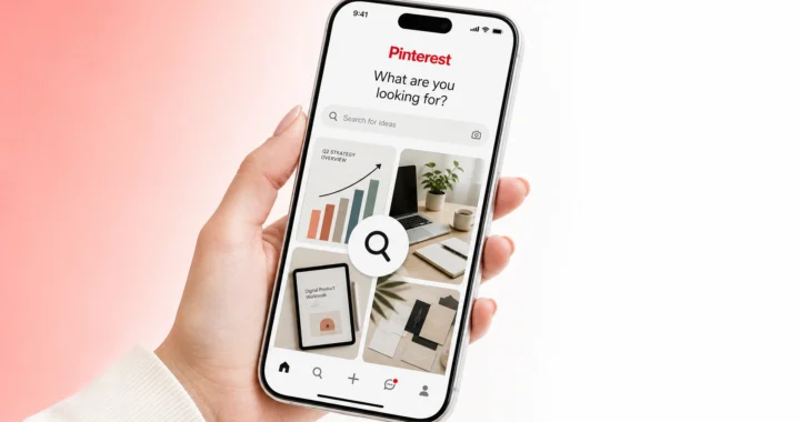 A smartphone showing the Pinterest search interface with a magnifying glass over business pins, illustrating market research.