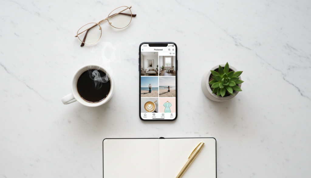 A top-down lifestyle shot of a smartphone on a clean white desk, showing a Pinterest-inspired aesthetic with a coffee cup and a small plant.