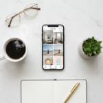 A top-down lifestyle shot of a smartphone on a clean white desk, showing a Pinterest-inspired aesthetic with a coffee cup and a small plant.