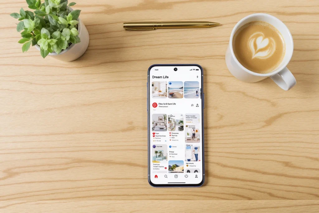 A high-end smartphone on a light oak desk showing a Pinterest 'Dream Life' board with affiliate sales charts.