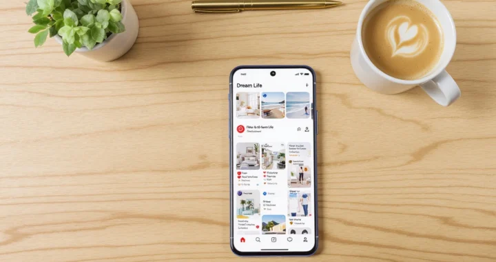 A high-end smartphone on a light oak desk showing a Pinterest 'Dream Life' board with affiliate sales charts.