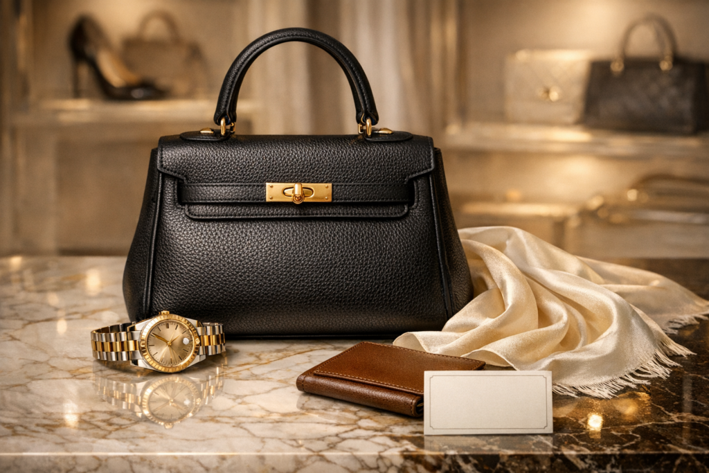 Elegant luxury resale display with designer-style handbag, wristwatch, silk scarf, leather wallet, and authenticity certificate on a marble tabletop.