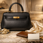 Elegant luxury resale display with designer-style handbag, wristwatch, silk scarf, leather wallet, and authenticity certificate on a marble tabletop.