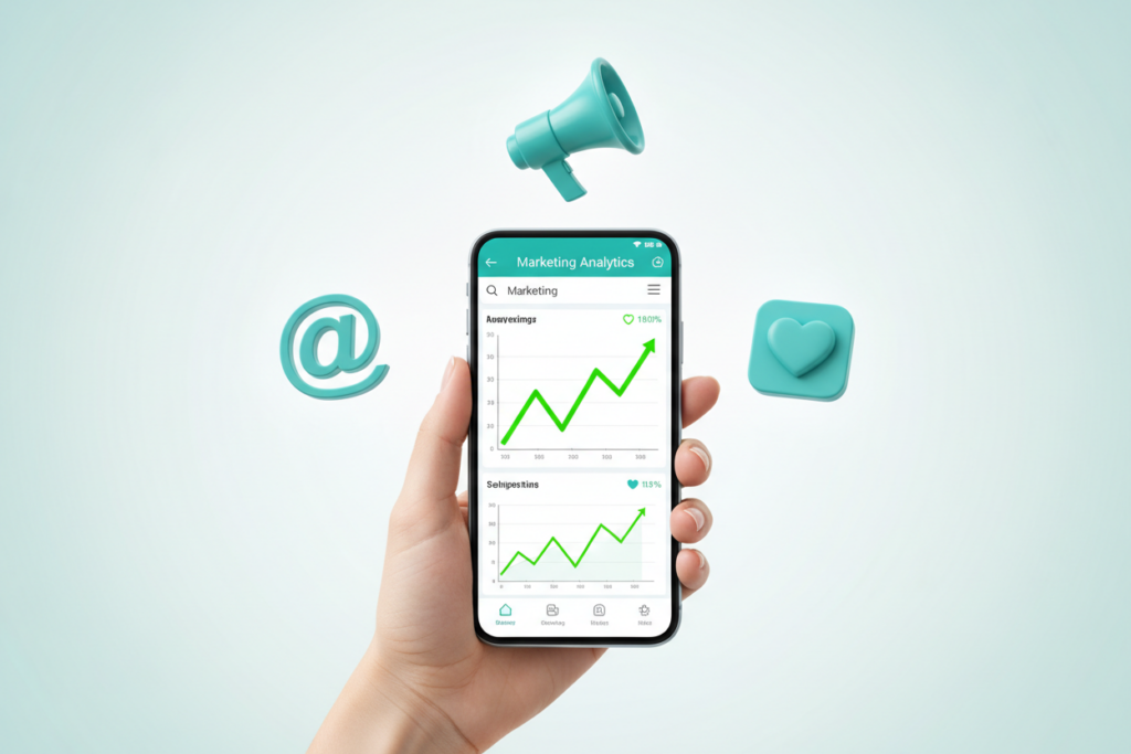 Professional digital marketing dashboard on a smartphone screen showing growth graphs and social media engagement icons for a mobile business.