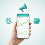 Professional digital marketing dashboard on a smartphone screen showing growth graphs and social media engagement icons for a mobile business.