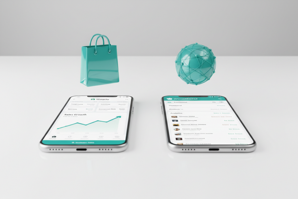 Two smartphones side-by-side on a white desk. One shows the Shopify dashboard with sales data, the other shows a WooCommerce interface. Floating teal icons for 'Shopping Cart' and 'Storefront' are in the air.