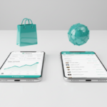 Two smartphones side-by-side on a white desk. One shows the Shopify dashboard with sales data, the other shows a WooCommerce interface. Floating teal icons for 'Shopping Cart' and 'Storefront' are in the air.