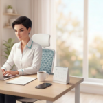 Modern and bright home office setup for a virtual assistant business, featuring a professional working on a laptop with a business checklist and coffee.