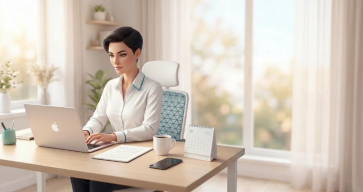Modern and bright home office setup for a virtual assistant business, featuring a professional working on a laptop with a business checklist and coffee.