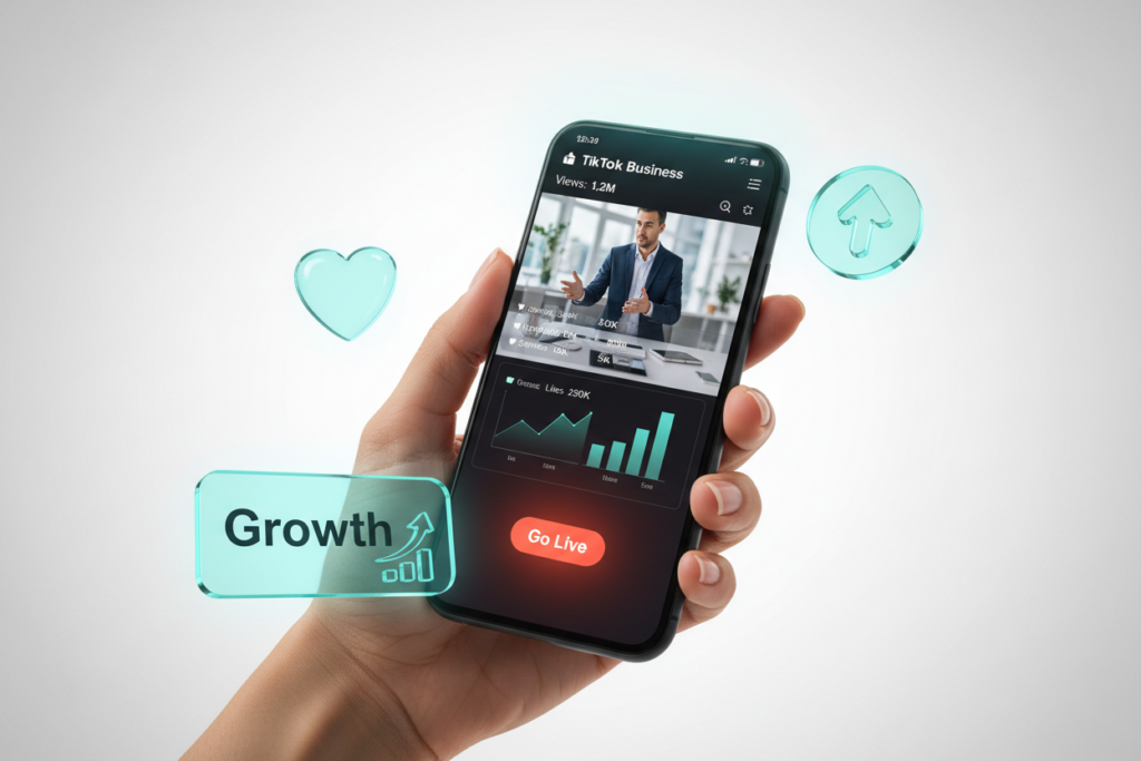 A hand holding a smartphone showing a TikTok business dashboard with floating teal 3D engagement icons.