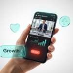A hand holding a smartphone showing a TikTok business dashboard with floating teal 3D engagement icons.
