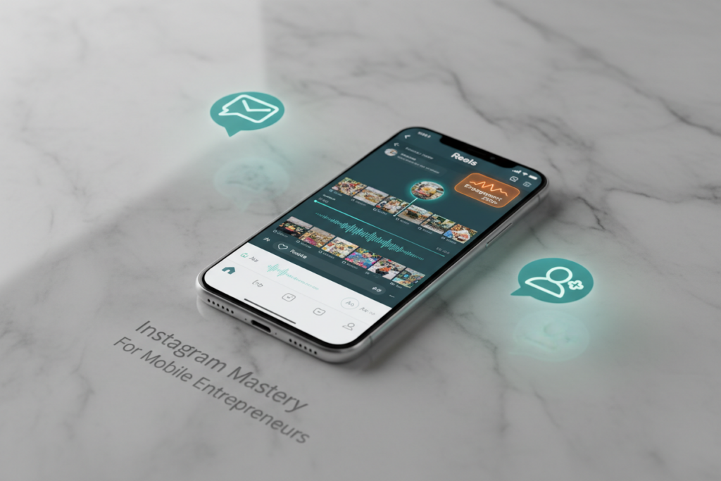 Flagship smartphone on marble showing Instagram Reels editing and analytics with glowing teal DM icons.