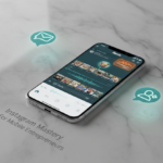 Flagship smartphone on marble showing Instagram Reels editing and analytics with glowing teal DM icons.