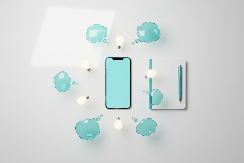 Top-down creative workspace with a smartphone surrounded by floating teal idea bubbles and lightbulbs.