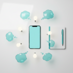 Top-down creative workspace with a smartphone surrounded by floating teal idea bubbles and lightbulbs.