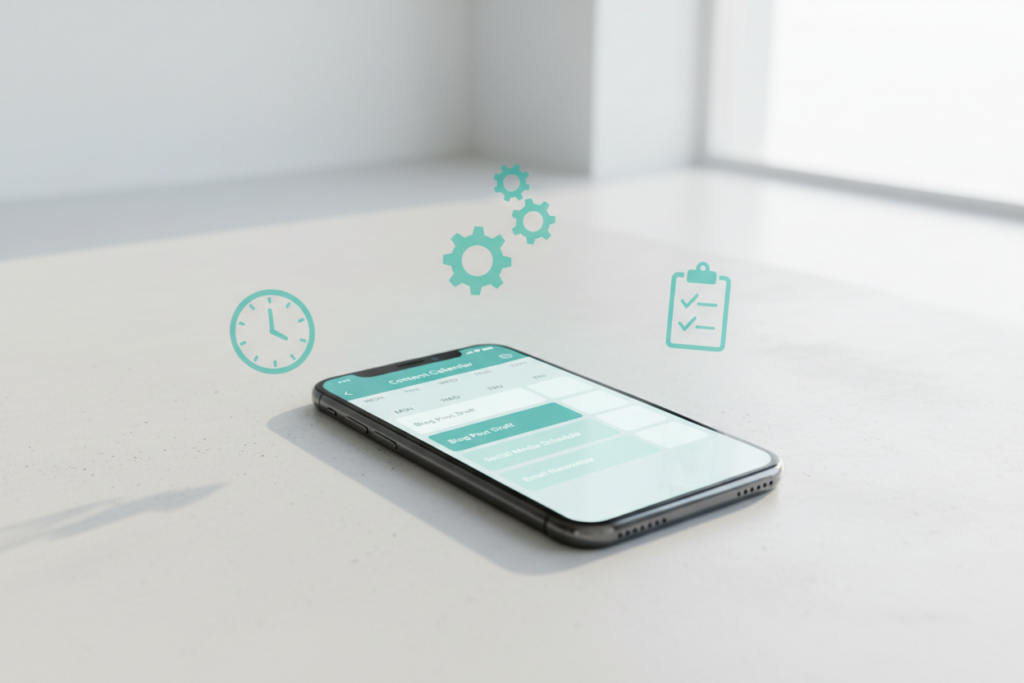 Smartphone displaying a weekly content calendar with floating teal productivity icons like a clock and checklist.