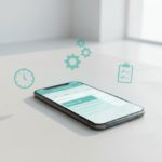 Smartphone displaying a weekly content calendar with floating teal productivity icons like a clock and checklist.