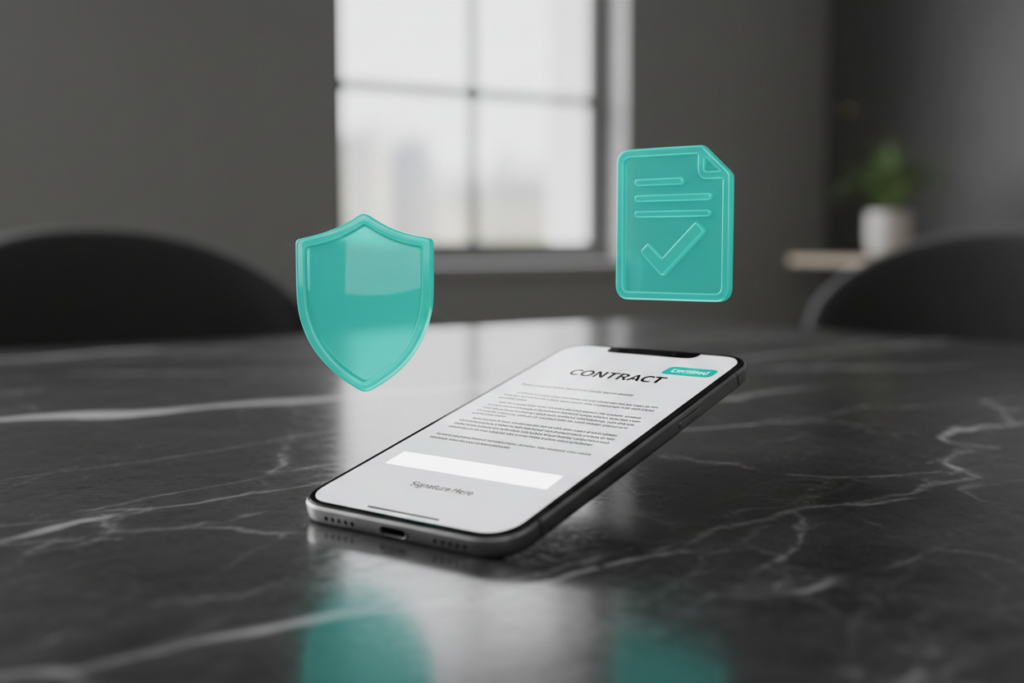 Smartphone on a professional desk showing a digital signature and legal document interface. Floating teal 3D shield and document icons.