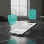 Smartphone on a professional desk showing a digital signature and legal document interface. Floating teal 3D shield and document icons.