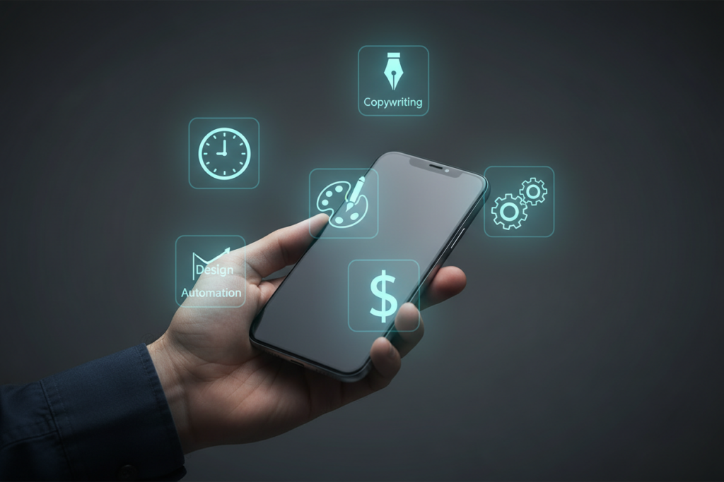 Hand holding a sleek smartphone with five glowing teal 3D icons floating around it: a clock, pen, palette, dollar sign, and gears.