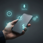 Hand holding a sleek smartphone with five glowing teal 3D icons floating around it: a clock, pen, palette, dollar sign, and gears.
