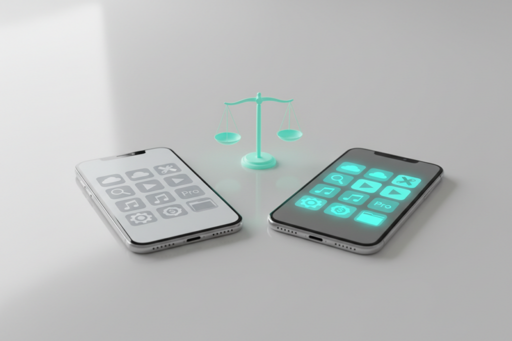 Two smartphones side by side comparing free vs paid tools, with grey basic icons on one screen and glowing teal premium icons with a dollar sign on the other.