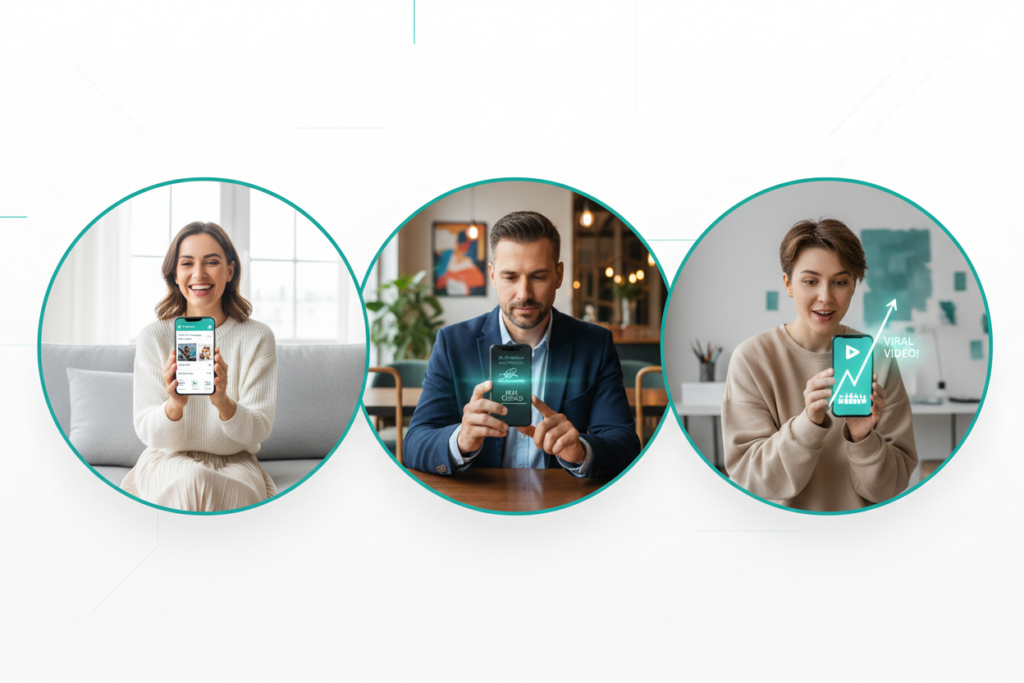 Three diverse mobile entrepreneurs successfully running their businesses from smartphones, featuring a digital creator, a shop owner, and a service provider.