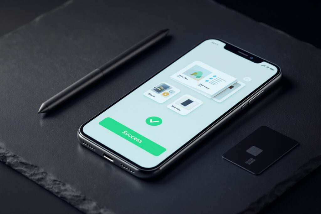 A smartphone on a dark slate desk showing a successful checkout screen with floating digital templates and ebook icons.