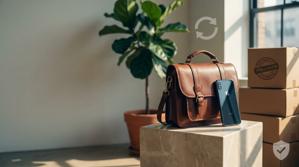 A high-end editorial shot of a vintage leather bag and a refurbished smartphone on a marble pedestal, representing a sustainable recommerce business.