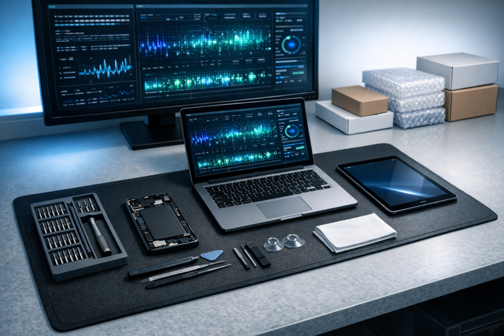 Clean electronics workbench with refurbished smartphone, laptop, tablet, diagnostic tools, microfiber cloth, and precision screwdriver set.