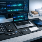Clean electronics workbench with refurbished smartphone, laptop, tablet, diagnostic tools, microfiber cloth, and precision screwdriver set.