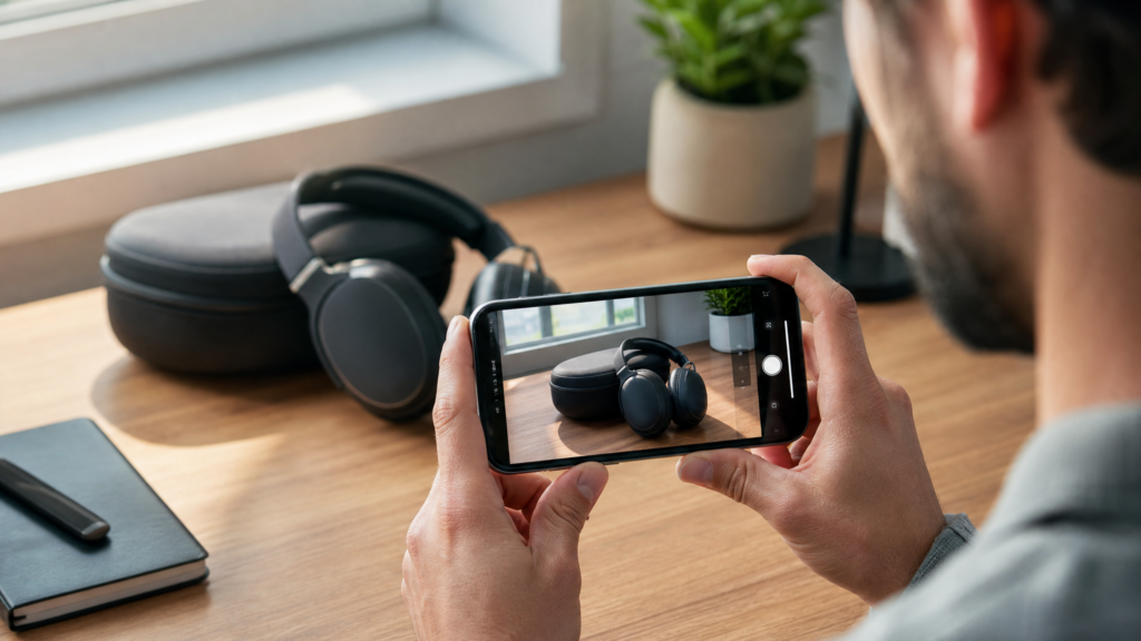 Person reviewing a physical product using a smartphone for affiliate marketing