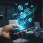A high-tech smartphone interface displaying various AI-powered business app icons and glowing neural network lines, representing mobile business automation.