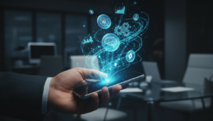 A high-tech smartphone interface displaying various AI-powered business app icons and glowing neural network lines, representing mobile business automation.